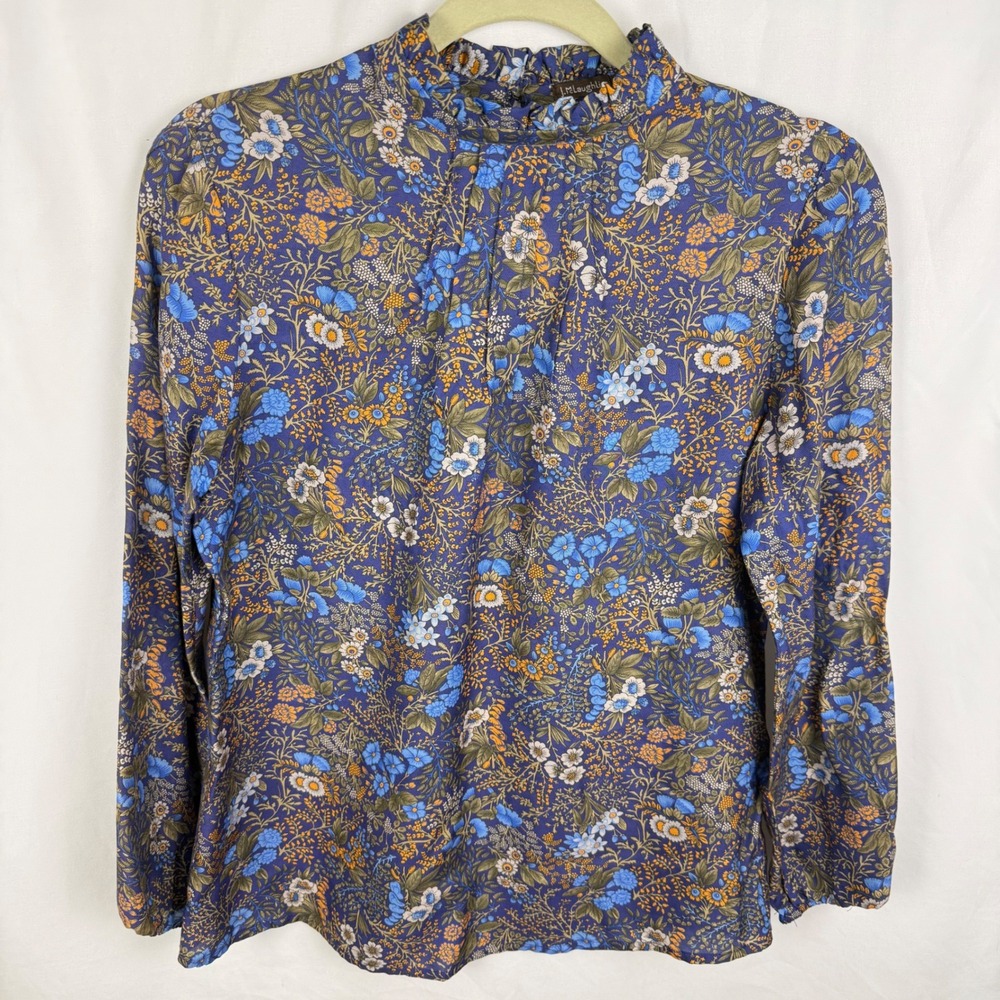 J. Mclaughlin Silk Blend Floral Blouse Small High Ruffle Neck Cottage Career